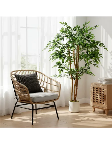 HOMCOM 150cm Artificial Ficus Tree, Fake Potted Tree with Solid Wood Trunk and Pot for Indoor, Green