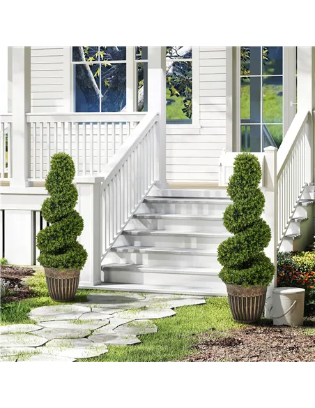 HOMCOM Set of 2 Artificial Plants, Topiary Spiral Boxwood Trees with Pot, for Home Indoor Outdoor Decor, 90cm
