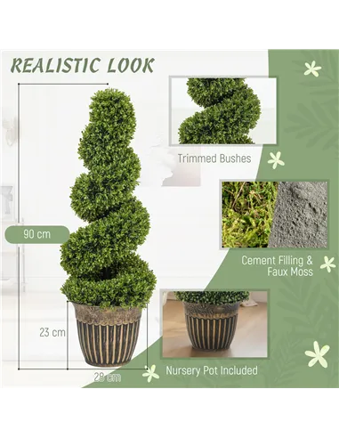 HOMCOM Set of 2 Artificial Plants, Topiary Spiral Boxwood Trees with Pot, for Home Indoor Outdoor Decor, 90cm