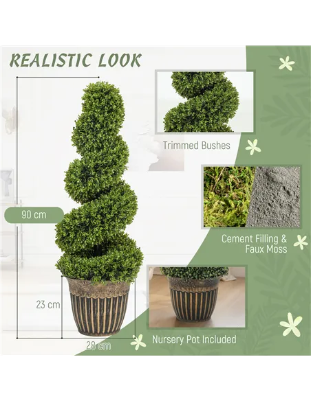 HOMCOM Set of 2 Artificial Plants, Topiary Spiral Boxwood Trees with Pot, for Home Indoor Outdoor Decor, 90cm