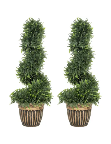 HOMCOM Set of 2 Artificial Plants, Topiary Spiral Boxwood Cypress Trees with Pot, for Home Indoor Outdoor Decor, 90cm