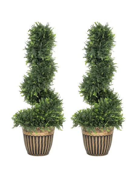 HOMCOM Set of 2 Artificial Plants, Topiary Spiral Boxwood Cypress Trees with Pot, for Home Indoor Outdoor Decor, 90cm