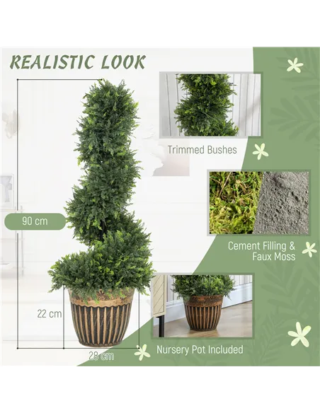 HOMCOM Set of 2 Artificial Plants, Topiary Spiral Boxwood Cypress Trees with Pot, for Home Indoor Outdoor Decor, 90cm