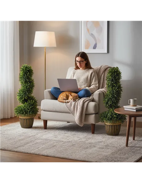 HOMCOM Set of 2 Artificial Plants, Topiary Spiral Boxwood Cypress Trees with Pot, for Home Indoor Outdoor Decor, 90cm