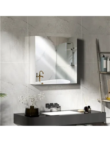 HOMCOM 60 x 15 cm Double Door Bathroom Mirror Cabinet - White