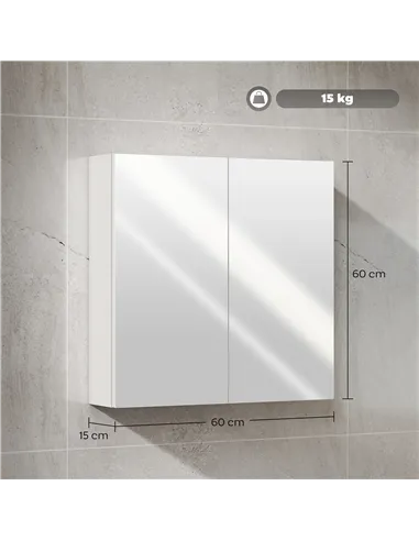 HOMCOM 60 x 15 cm Double Door Bathroom Mirror Cabinet - White
