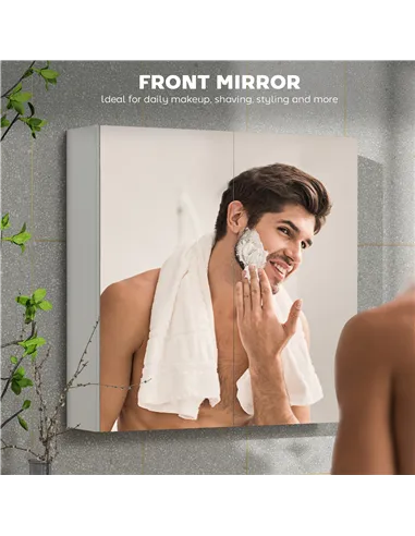 HOMCOM 60 x 15 cm Double Door Bathroom Mirror Cabinet - White