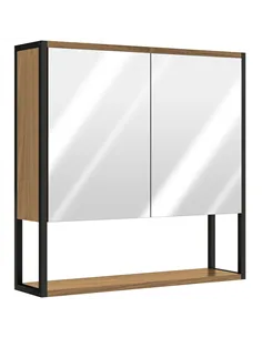 HOMCOM Bathroom Mirror Cabinet with Soft-Close Doors and Adjustable Shelf - Natural Wood Finish