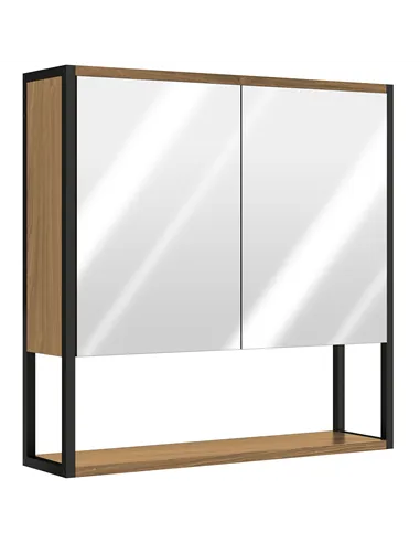 HOMCOM Bathroom Mirror Cabinet with Soft-Close Doors and Adjustable Shelf - Natural Wood Finish