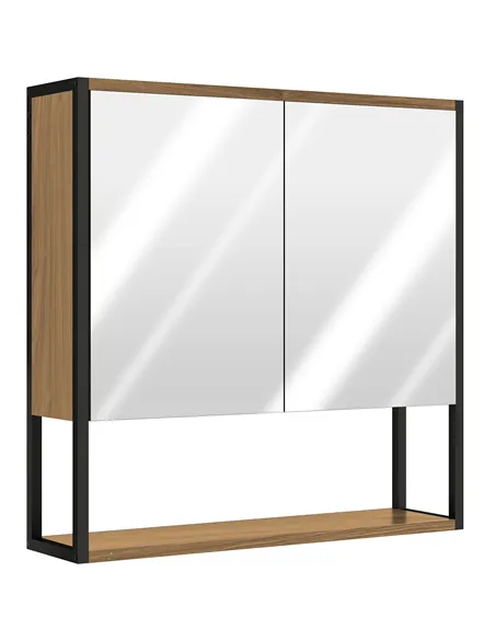 HOMCOM Bathroom Mirror Cabinet with Soft-Close Doors and Adjustable Shelf - Natural Wood Finish