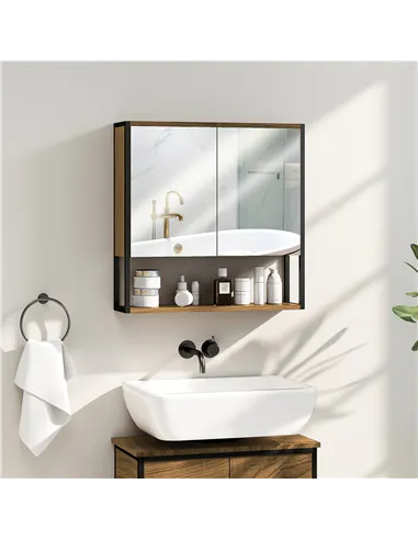 HOMCOM Bathroom Mirror Cabinet with Soft-Close Doors and Adjustable Shelf - Natural Wood Finish