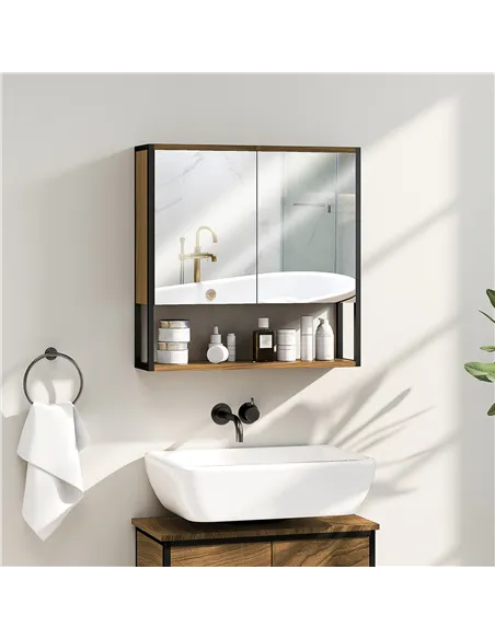 HOMCOM Bathroom Mirror Cabinet with Soft-Close Doors and Adjustable Shelf - Natural Wood Finish