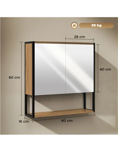 HOMCOM Bathroom Mirror Cabinet with Soft-Close Doors and Adjustable Shelf - Natural Wood Finish