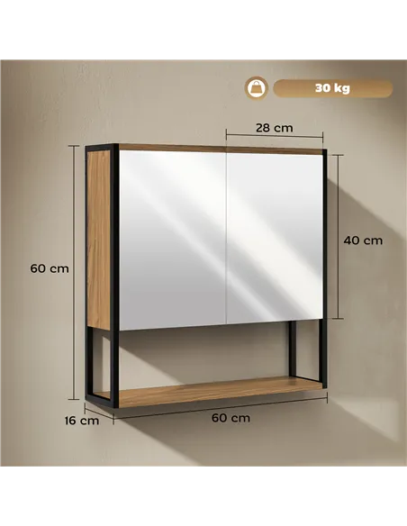 HOMCOM Bathroom Mirror Cabinet with Soft-Close Doors and Adjustable Shelf - Natural Wood Finish