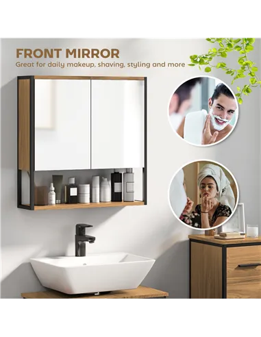 HOMCOM Bathroom Mirror Cabinet with Soft-Close Doors and Adjustable Shelf - Natural Wood Finish