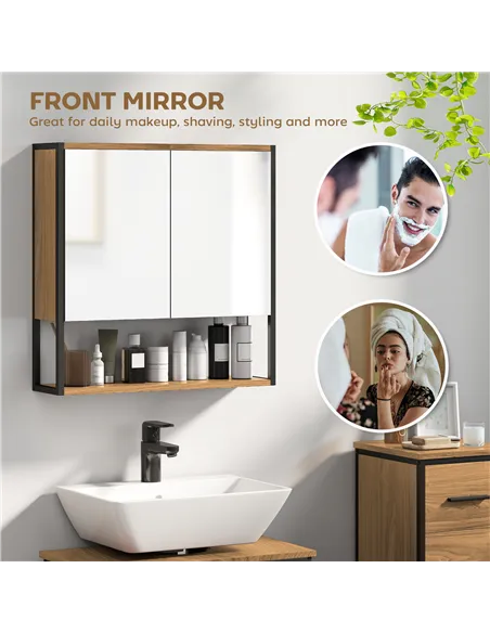 HOMCOM Bathroom Mirror Cabinet with Soft-Close Doors and Adjustable Shelf - Natural Wood Finish
