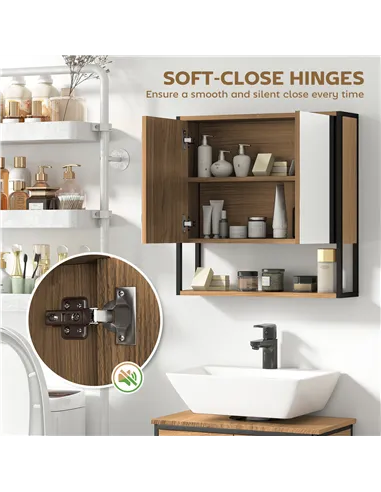 HOMCOM Bathroom Mirror Cabinet with Soft-Close Doors and Adjustable Shelf - Natural Wood Finish
