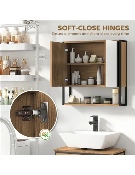 HOMCOM Bathroom Mirror Cabinet with Soft-Close Doors and Adjustable Shelf - Natural Wood Finish