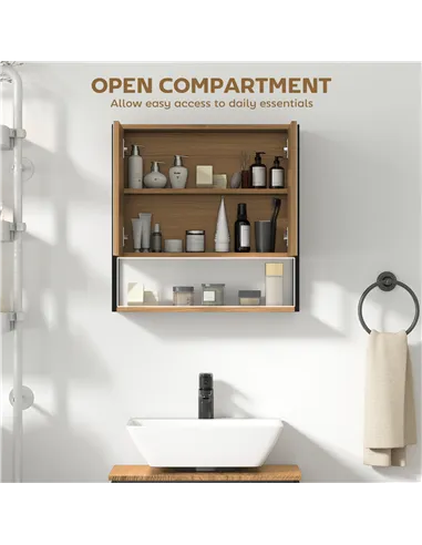 HOMCOM Bathroom Mirror Cabinet with Soft-Close Doors and Adjustable Shelf - Natural Wood Finish