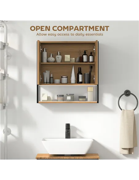 HOMCOM Bathroom Mirror Cabinet with Soft-Close Doors and Adjustable Shelf - Natural Wood Finish