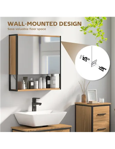 HOMCOM Bathroom Mirror Cabinet with Soft-Close Doors and Adjustable Shelf - Natural Wood Finish