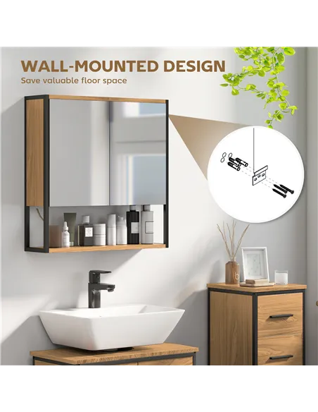 HOMCOM Bathroom Mirror Cabinet with Soft-Close Doors and Adjustable Shelf - Natural Wood Finish