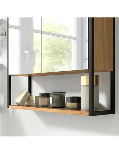 HOMCOM Bathroom Mirror Cabinet with Soft-Close Doors and Adjustable Shelf - Natural Wood Finish