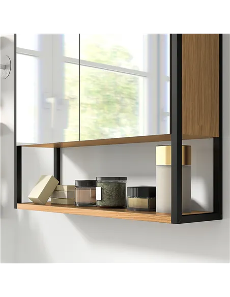 HOMCOM Bathroom Mirror Cabinet with Soft-Close Doors and Adjustable Shelf - Natural Wood Finish