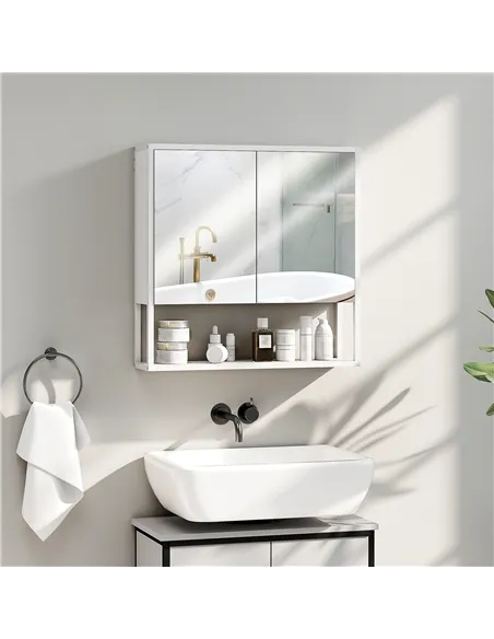HOMCOM Bathroom Mirror Cabinet with Soft-Close Doors and Adjustable Shelf - White