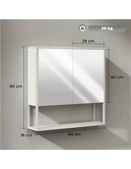HOMCOM Bathroom Mirror Cabinet with Soft-Close Doors and Adjustable Shelf - White