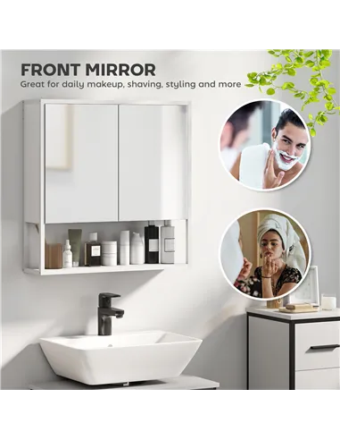 HOMCOM Bathroom Mirror Cabinet with Soft-Close Doors and Adjustable Shelf - White