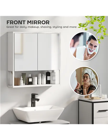 HOMCOM Bathroom Mirror Cabinet with Soft-Close Doors and Adjustable Shelf - White