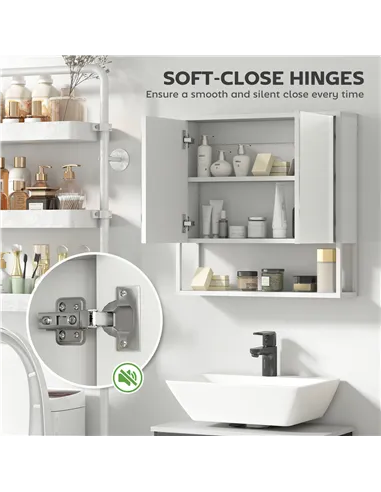 HOMCOM Bathroom Mirror Cabinet with Soft-Close Doors and Adjustable Shelf - White