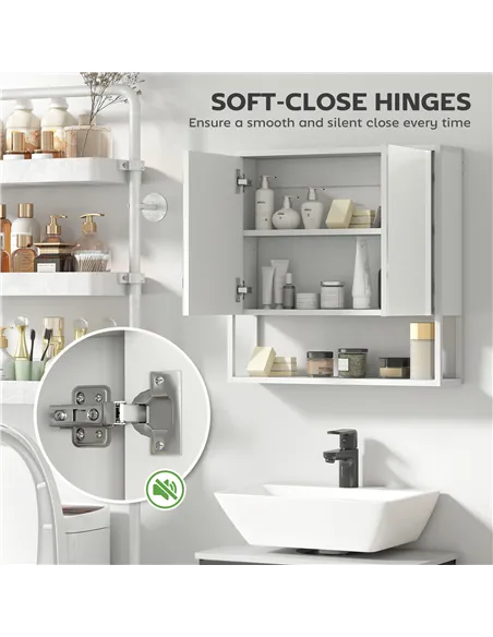 HOMCOM Bathroom Mirror Cabinet with Soft-Close Doors and Adjustable Shelf - White