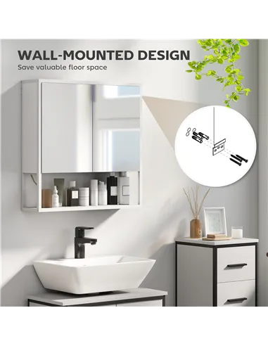 HOMCOM Bathroom Mirror Cabinet with Soft-Close Doors and Adjustable Shelf - White