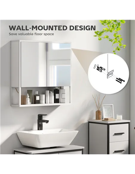 HOMCOM Bathroom Mirror Cabinet with Soft-Close Doors and Adjustable Shelf - White