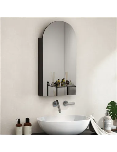 HOMCOM Arched Bathroom Mirror Cabinet with Adjustable Glass Shelves - Black