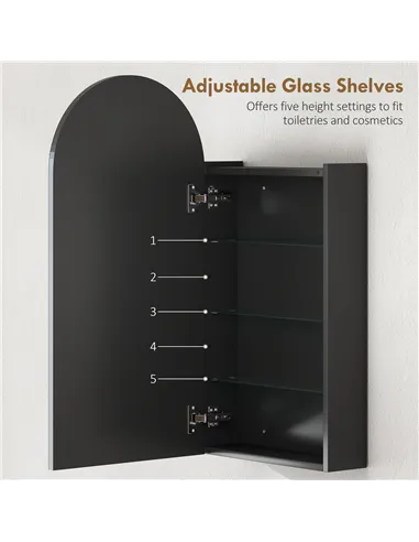 HOMCOM Arched Bathroom Mirror Cabinet with Adjustable Glass Shelves - Black