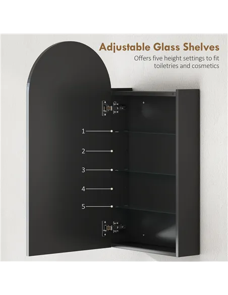 HOMCOM Arched Bathroom Mirror Cabinet with Adjustable Glass Shelves - Black