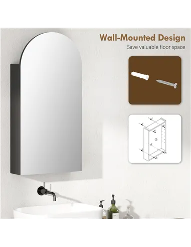 HOMCOM Arched Bathroom Mirror Cabinet with Adjustable Glass Shelves - Black