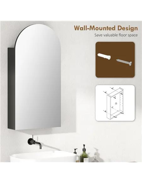 HOMCOM Arched Bathroom Mirror Cabinet with Adjustable Glass Shelves - Black