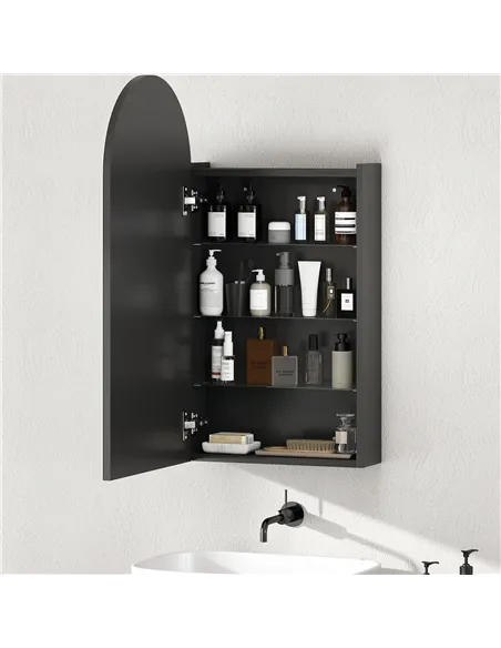 HOMCOM Arched Bathroom Mirror Cabinet with Adjustable Glass Shelves - Black