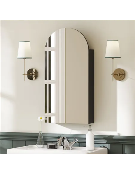 HOMCOM Arched Bathroom Mirror Cabinet with Adjustable Glass Shelves - Black