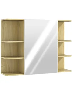 HOMCOM Bathroom Mirror Cabinet with Open Storage Shelves - Natural Wood Finish