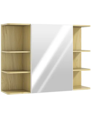 HOMCOM Bathroom Mirror Cabinet with Open Storage Shelves - Natural Wood Finish