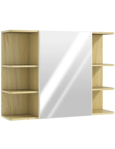 HOMCOM Bathroom Mirror Cabinet with Open Storage Shelves - Natural Wood Finish