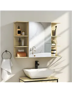 HOMCOM Bathroom Mirror Cabinet with Open Storage Shelves - Natural Wood Finish 2