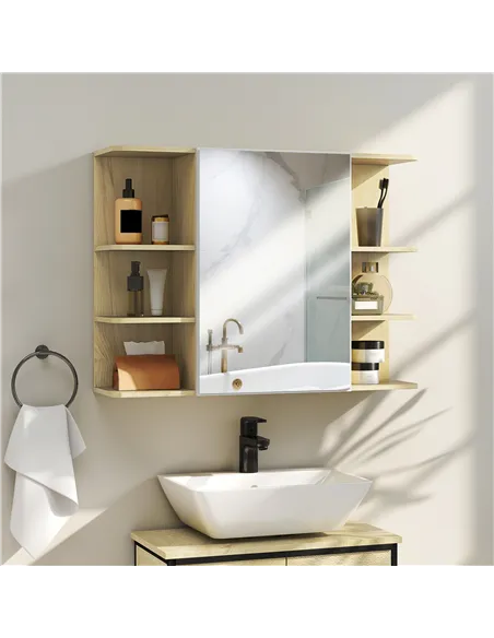 HOMCOM Bathroom Mirror Cabinet with Open Storage Shelves - Natural Wood Finish