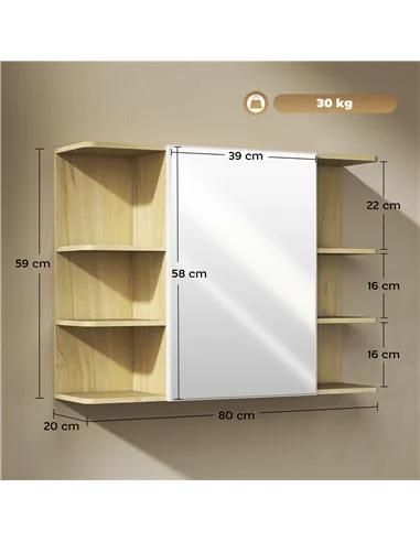 HOMCOM Bathroom Mirror Cabinet with Open Storage Shelves - Natural Wood Finish