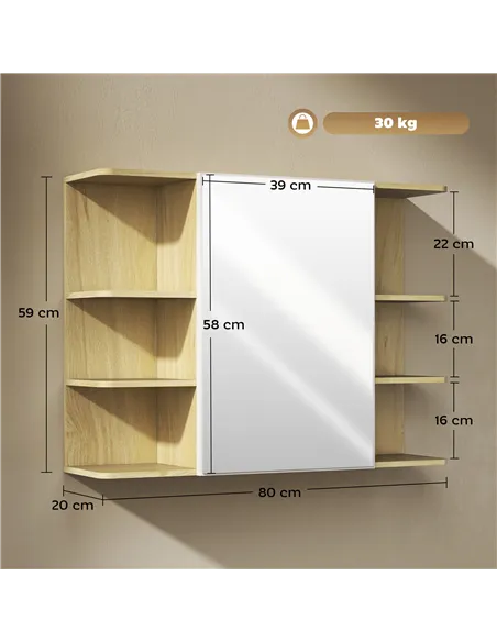 HOMCOM Bathroom Mirror Cabinet with Open Storage Shelves - Natural Wood Finish